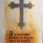 Kalligraphie "In nomine patris"; Gouache, Tusche mit Federn