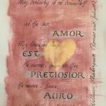 Kalligraphie "Liebe"; Goldfarbe und rote Acrylfarbe, Füller, Tusche mit Feder und Pinsel